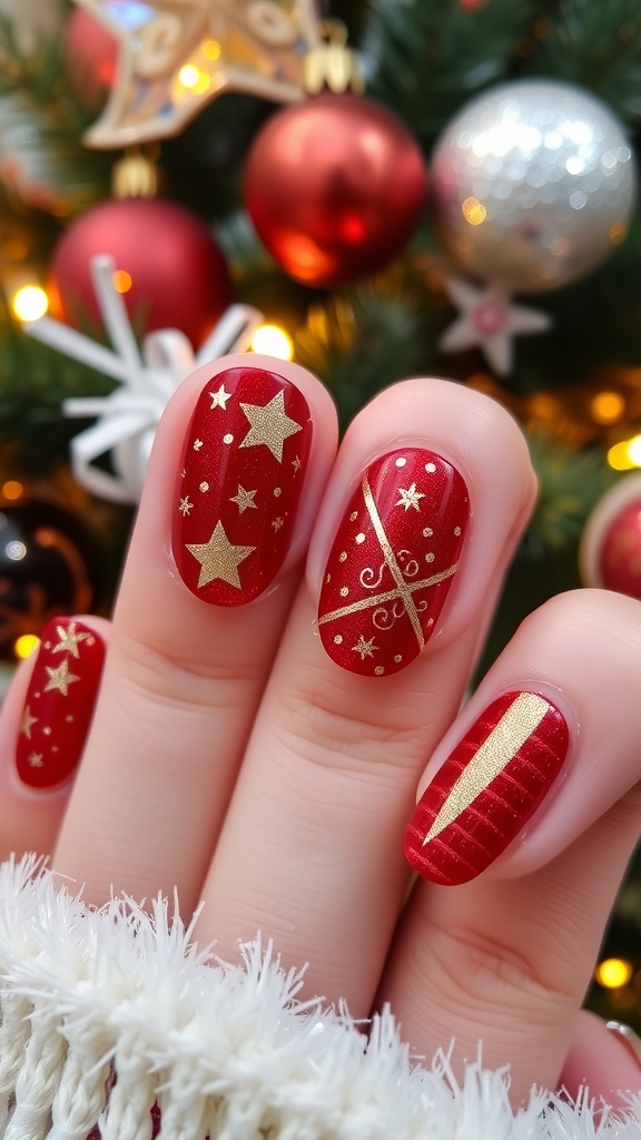 Elegant Christmas nails with red base and gold accents, decorated with stars and stripes.